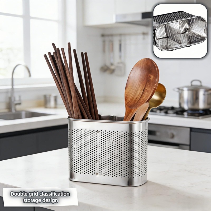 SAYUANVA Stainless Steel Kitchen Utensil Holder with Hooks, 2-Tier Stainless