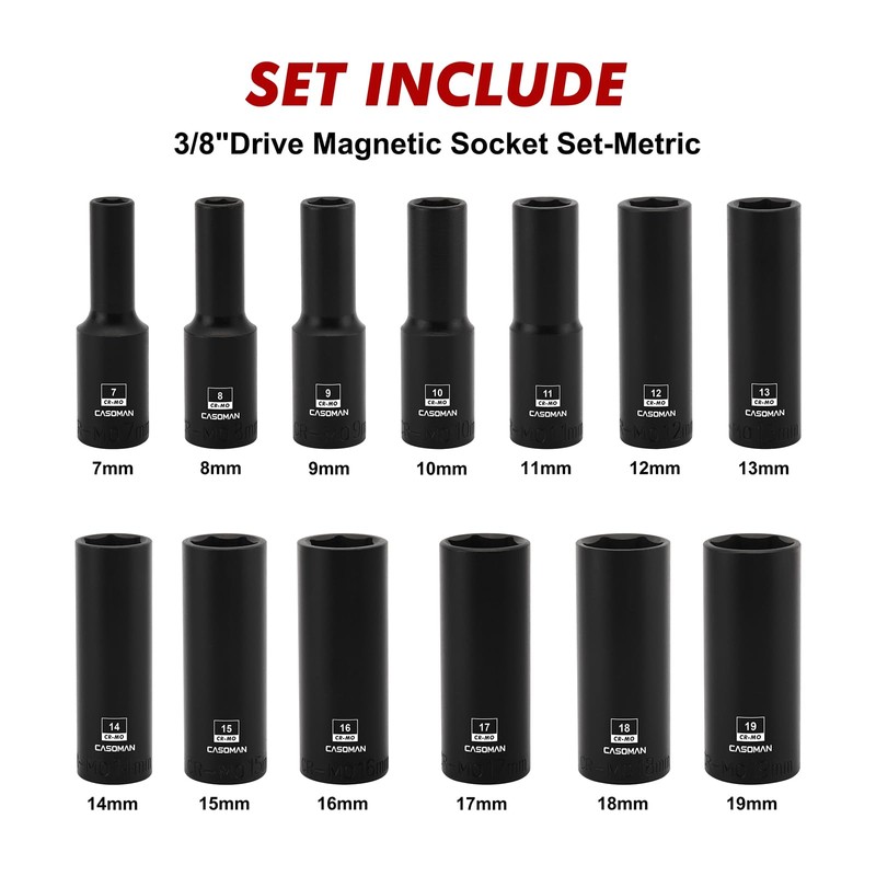 CASOMAN 13PCS 3/8"Drive Magnetic Impact Socket Set, Deep, 6-Point, Metric,