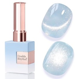 Double Rhythm 0.5 Oz Cat Eye Gel Polish with Magnet Same Color Same Bottle Holographic Glitter Shimmer Translucent Color Salon Soak Off Magnetic Nail at Home (Light Blue-MC1156)