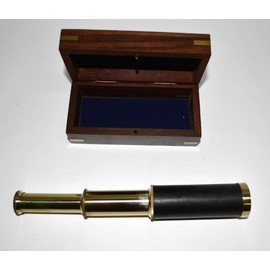 Antique Brass Telescope Extendable to 25 cm with Leather in Wooden Box 8214