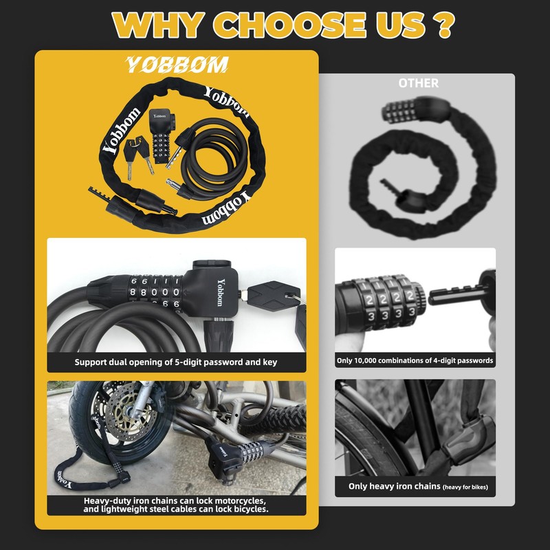 Yobbom Heavy Duty Chain Lock & Combo Cable Lock with