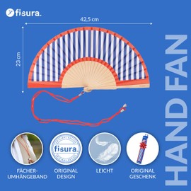 Fisura Blue and Red Striped Wooden Hand Held Fan Trendy Modern Accessory Portable Handheld Fan with Handy Hanger Perfect for Hot Days. Dimensions: 42.5 x 23 cm