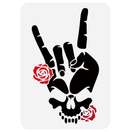FINGERINSPIRE Rock 'n' Roll Skull Painting Stencil 11.7x8.3inch Rock Gesture Drawing Template Devil's Horns Stencil Skull Bones Plastic Stencil Decorative Roses Stencil for Painting on Wood Wall