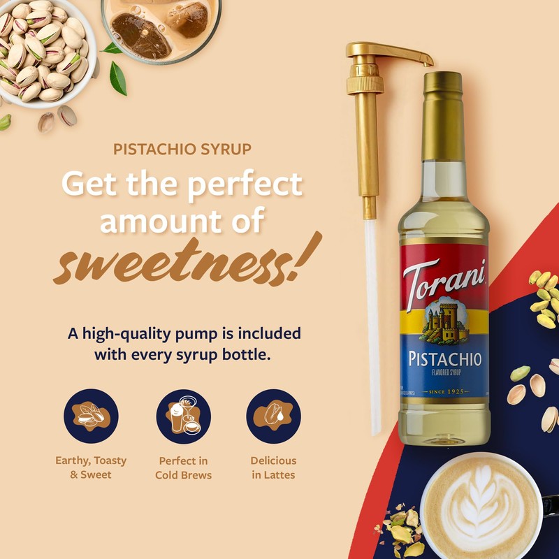 Torani Pistachio Coffee Syrup for Drinks & Desserts, Pump Included,