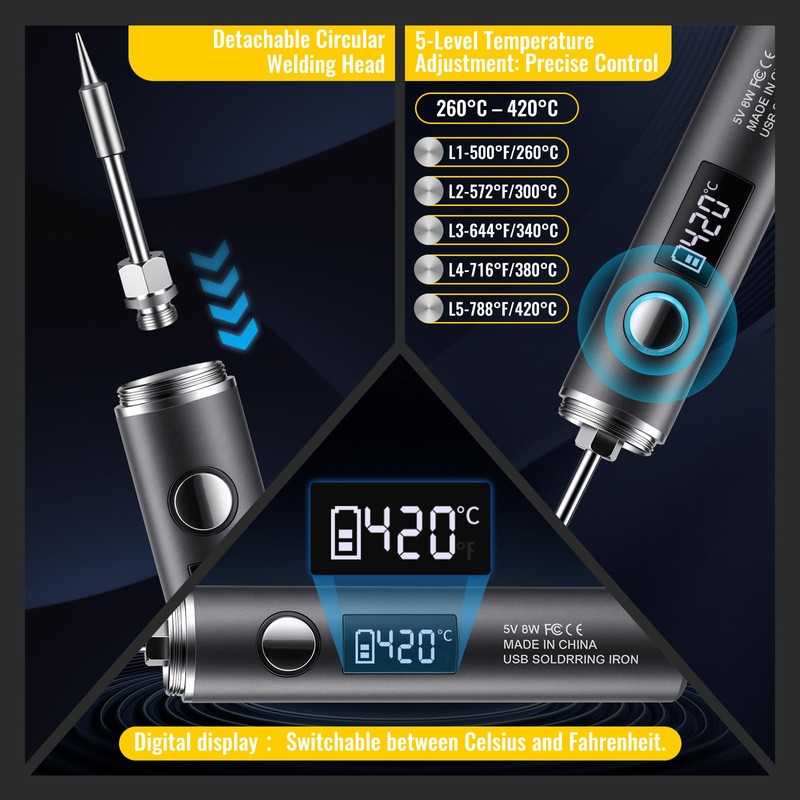 Cordless Soldering Iron Kit, USB-C Rechargeable Solder Pen with Digital