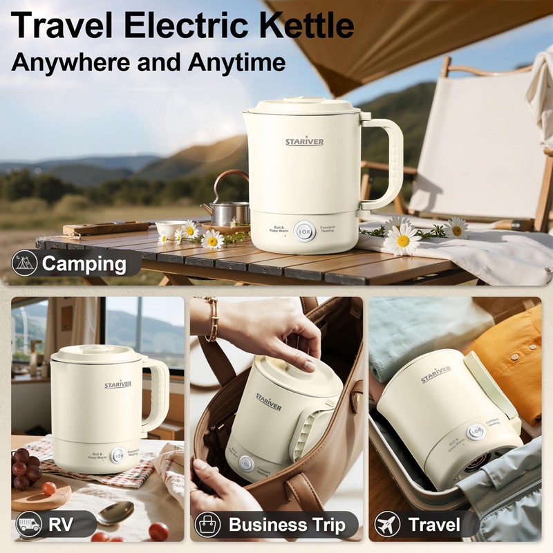 Stariver Portable Travel Kettle, 600ML Small Electric Kettle with Foldable
