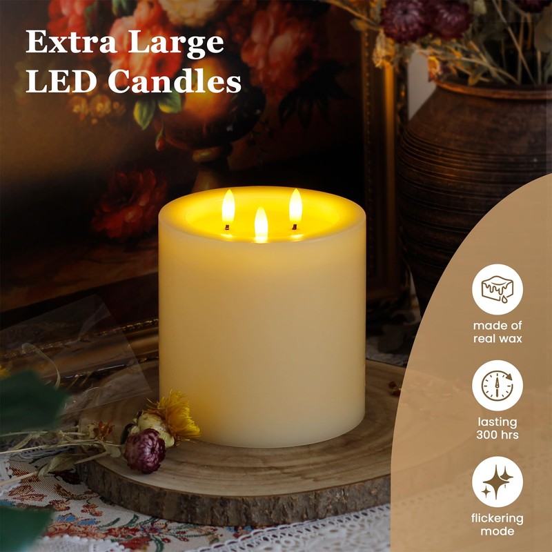 Yeelida 3-Wick 6"x6" Extra Large Real Wax Flameless Pillar Candles