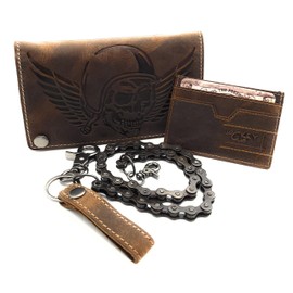 Lemasi Biker Wallet with Chain Natural Hunter Leather Wallet with RFID Protection Skull, Brown with long bicycle chain, Contemporary