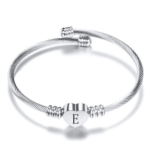 FGT Initial Heart Letter Bracelet Women Silver E Cuff Bracelet