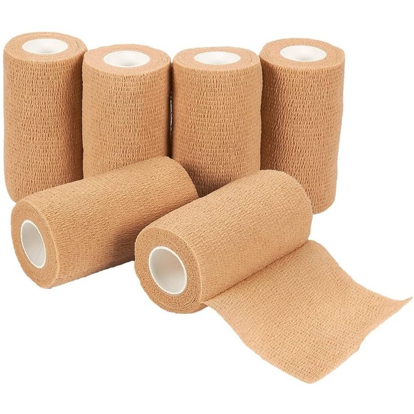 6 Rolls Self Adhesive Bandage Wrap, 4 Inch x 5 Yards Cohesive Vet Tape for First Aid Kits (Tan)