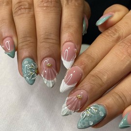 Flower Press on Nails White French Tip Stick on Nails Almond Short Acrylic Nails with 3D Shell Water Drop Designs Summer Glossy Green Fake Nails Glue on Nails for Women DIY Manicuare 24 Pcs