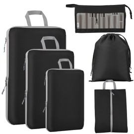 Compression Packing Cubes - GEEDIAR 6 PCS Packing Cubes for Suitcases, Extensible Suitcase Organiser Bags Travel Luggage Organiser Set for Suitcase Backpack Travel Essentials (Black), XL