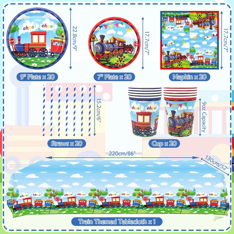Train Party Decorations , Includes Plates, Straws, Napkins, Cups, Tablecloths,