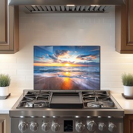 Tempered Glass Backsplash For Kitchen Behind Stove,Sea Beach Stove Backsplash Top Cover,Easy to Clean Glass Splashback, Sink Cover Splash Guard,Home Kitchen Wall Decor (30"x14"(76.2x35.56cm))