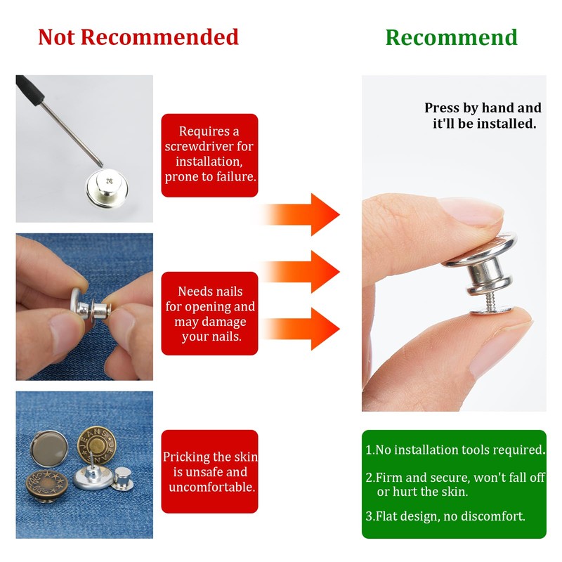 16 pcs Jeans Button Replacement, No Sewing/Tools Needed. Install by
