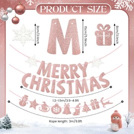 VitalCozy 3 Pcs Merry Christmas Banner Glitter Merry Christmas Sign Garland Pre Assembled Hanging Xmas Outdoor Indoor Decoration for Holiday Party Supplies Home Porch Fireplace (Rose Gold, White)