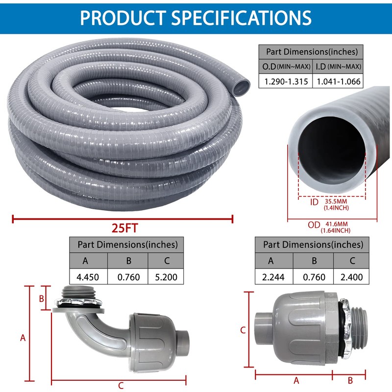 1-1/4inch 25FT Electrical Conduit Kit,Liquid-Tight Conduit and Connector Kit with
