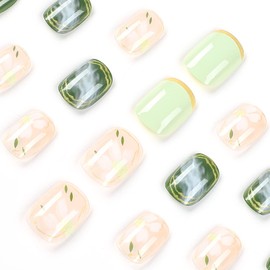 24Pcs Square False Nails Short, Glossy French Press on Nails Green Camellia Design Stick on Nails with Glue Stickers, Full Cover Artificial Fake Nails for Women Girls DIY Manicure Decoration