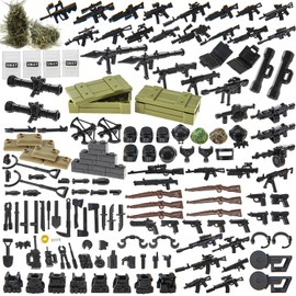 BloxBrix 162 pcs Weapons-Machine-Guns-Rifles Compatible with Major Brands, Minifigures-add-ons-Militarybase-Toy-Soldiers-Police, WW2-Modern-SWAT-Battle-Ammo-Belt-gas mask-Decations for Army-Men