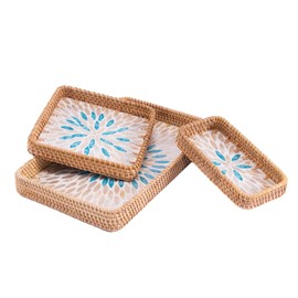 BROWNLILY Rattan Tray 3 Pcs with Mother of Pearl Inlay, Decorative Wicker Serving Tray for Bread Fruit Tea with Wooden Base, Boho Coastal Home Decor Baskets for Counter Decor & Organization (Leaf)