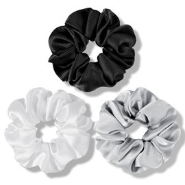 Fittia Satin Hair Scrunchies for Long Hair, Silky Scrunchies for Women and Girls with Elastics Band, 3 Pieces, White, Grey and Light Plum