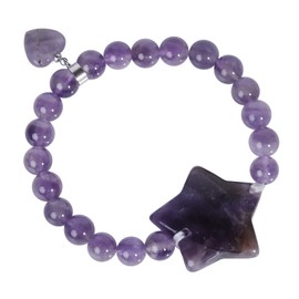 SUNYIK 8-9mm Natural Amethyst Crystal Beaded Strand Bracelet for Women Men Polished Stone Beads Bracelet with Star & Heart Charm
