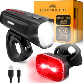 LICHTMEISTER® Bike Light 100 Lux - 2000 mAh Battery - with Reflector & Brake Light - USB-C Rechargeable & Water-Resistant - Bike Light Set - LED Bicycle Lighting - Front Bike Light