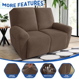 MAXIJIN Waterproof Loveseat Recliner Cover 4 Pieces Reclining Love Seat Slipcvers, Recliner Sofa Cover 2 Seater with Elastic Straps & Pockets for Pet, Kids (Loveseat Recliner, Light Coffee)