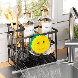 Sponge Holder for Kitchen Sink, 2 Tier Smiley Face Sink Caddy Organizer with High Brush Holder, Self-Draining Sponge Holder for Sinks, Soap Dispenser Organizer, Rustproof 304 Stainless Steel