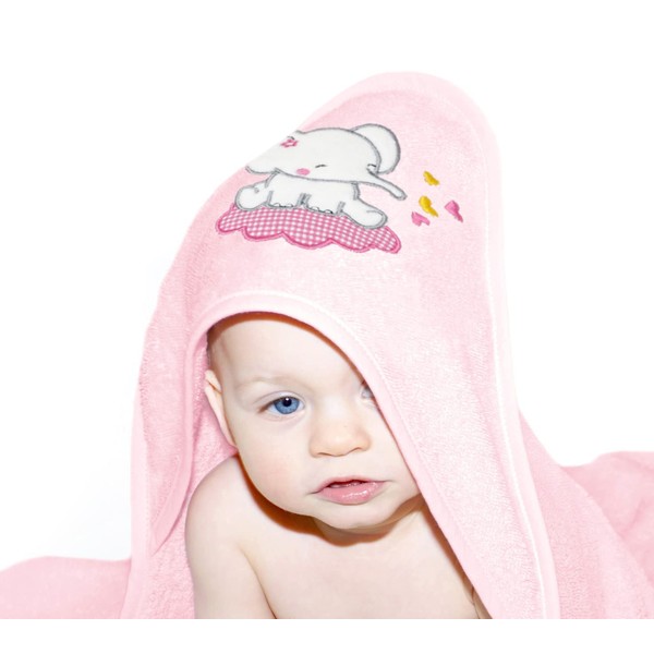 Lashuma Baby Towel with Hood, Bath Towel Girl Pink 75 x 75 cm, Embroidered Elephant Motif