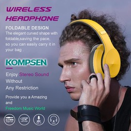 KOMPSEN Adult Noise Cancelling Headphones Wireless Bluetooth Headphones Foldable Over Ear Headphones with Microphone Deep Bass for Cellphone PC Class Game Office Home Travel-Yellow