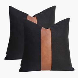 cygnus Set of 2 Black Linen Patchwork Faux leather Throw Pillow Covers for Couch Living Room Bedroom, Modern Accent Decor Square Covers 22x22 inch, Brown and Black