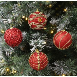 Toyland® Set of 12-80mm Glitter Baubles with Jewels/Beads - Christmas Tree Decorations (Red Glitter & Gold Beads)