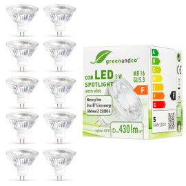 greenandco 10x MR16 GU5.3 LED Spotlight, 5 W, 430 lm, 38°, 3000 K, Warm White, COB LED, 12 V AC/DC, Not Dimmable