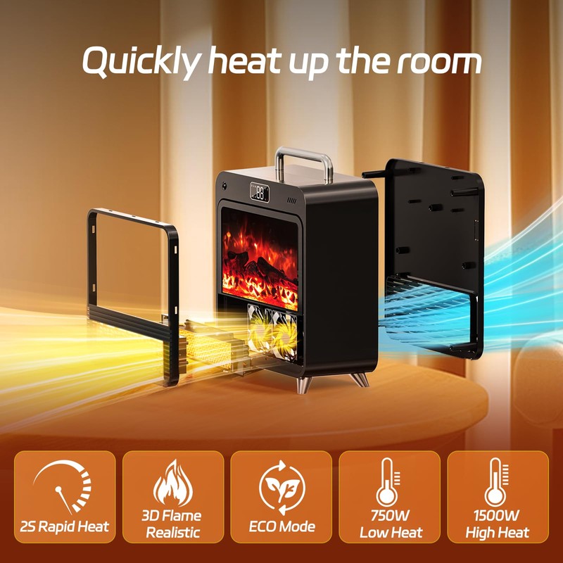 Electric Fireplace Heater,1500W Portable Electric Space Heater with Realistic 3D
