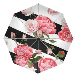 Oyihfvs Floral Peony and Roses Flowers On Black White Stripes Auto Open/Close Folding Umbrella, Strong Inner Print Travel Rain Umbrella, Portable Automatic Compact Sun Parasol with UV Protection