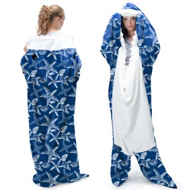 Touchat Shark Blanket for Adult Super Soft Cozy Flannel Wearable Blanket, Cartoon Animals Shark Blanket Hoodie, Sleeping Bag Cosplay Shark Costume Blanket Gifts for Shark Lovers (Blue Starfish, M)