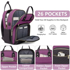 Backpack for Women laptop Bag - Laptop Backpack with USB Charger Travel Business Computer Backpack for Teacher Casual Waterproof Bookbag for Nurses Purple