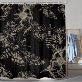LGhtyro Gothic Skull Moth Shower Curtain Bathroom Set 71Wx71H Inches Witchy Scary Black Death Head Flower Botany Leaves Mysterious Butterflys Bath Accessories Men Art Home Decor Fabric 12 Pack Hooks