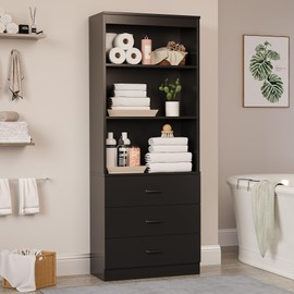 oneinmil 70" H 6-Tier Bookshelf with 3 Drawers, Tall Black Bookcase with 3 Open Shelves, Wooden Storage Cabinet for Living Room, Bedroom, Kitchen, Office (Black, 6-Tier)