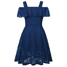 Girls Floral Lace Dress Off Shoulder Flutter Sleeve Bridesmaid Vintage Formal Cocktail Party Swallowtail Swing Cassual Dresses 7-14 Years(Navy,8/9)
