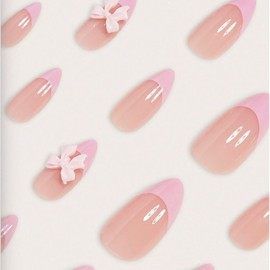 Almond Fake Nails Medium Pink French Tip Press on Nails with 3D Bow Charms Design Nude Pink False Nails Bowknot Glue on Nails Acrylic Stick on Nails for Women Girls 24Pcs