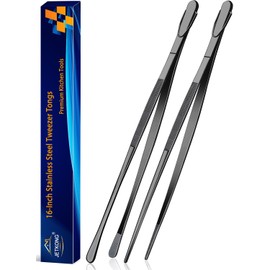 JETKONG 2 Pcs 16-Inch Heavy Duty Plating Tongs, Extra-Long Kitchen Fine Tongs Large Stainless Steel Cooking Forceps (Black)