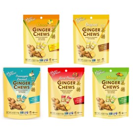 ADVENTURE BOX Ginger Chews 3 Flavor Variety Pack 4oz - Flavors original, Lemon, Blood Orange, Mango, Pineapple Coconut, 100% Natural, non-GMO, Vegan and Gluten-Free, (5 Pack)