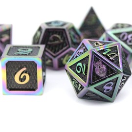 HEIMDALLR Metal DND Dice Set 7 pcs - Dragonhide Design, 16mm Size, Logo on D20; Metal Dice Set & Dice Box; D&D Dice Set D&D (Dungeons and Dragons Dice Set) - Jormungandr Series (Prismatic Dragon)