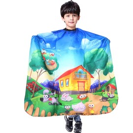 Children's Haircut Cape Cartoon Print Hair Cutting Cape Hairdressing Apron Cape Scarf with Adjustable Snap Closure Waterproof (Happy Farm), blue