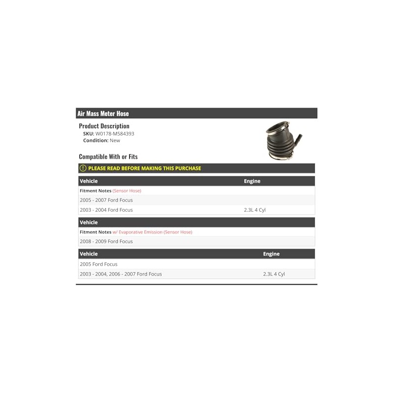 Air Mass Meter Hose - Compatible with 2003-2009 Ford Focus