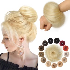 KISANOF Human Hair Bun Piece Natural Curly Bleach Blonde Tousled Stretchy Fluffy Donut Updo Elastic Rubber Band Messy Buns Hair Pieces for Women(1 Count #613 Bleach Blonde