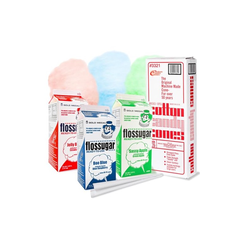 300 Cotton Candy Cones & Cotton Candy Sugar-52oz Floss-Three Pack-Choose