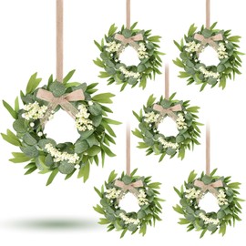 6 Pcs Green Artificial Eucalyptus Swag Wreaths Spring Summer Wreath with White Berries Mini Green Kitchen Cabinet Wreaths with Ribbon for Front Door Porch Wall Window Farmhouse Decoration